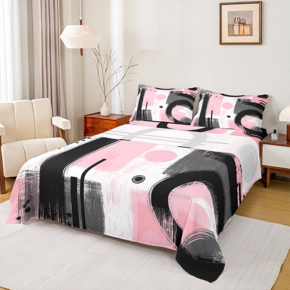 Manfei Black Pink White Full Size Sheets 4-Piece, Contemporary Abstract Art Bed Sheets, Geometric Aesthetic Sheet Sets, Microfiber Bedroom Decor