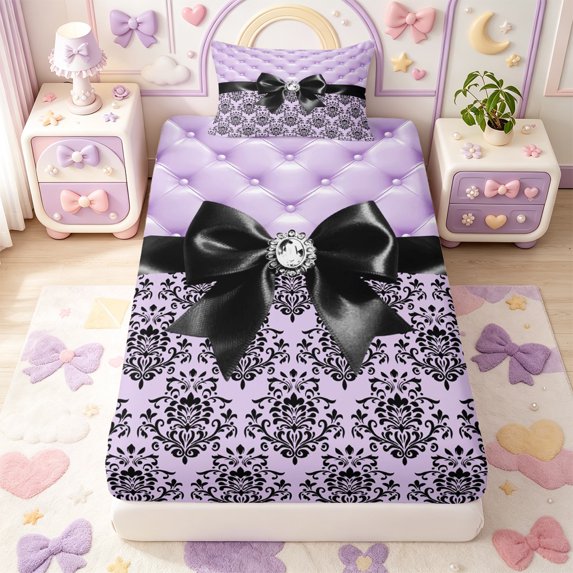 Manfei Black Princess Bowtie Twin Fitted Sheet,Western Damask Victorian Floral Bedding,2-Piece,1 Fitted Sheet and 1 Pillowcase