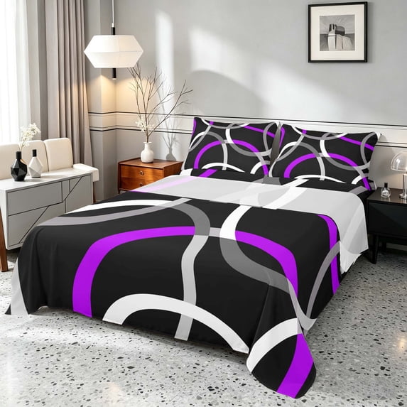 Manfei Black Purple Circle Bed Sheets,Aesthetic Minimalist Fuul Size Sheets, Black Reversible 4-Piece1 Flat Sheet + 1 Fitted Sheet + 2 Pillowcases