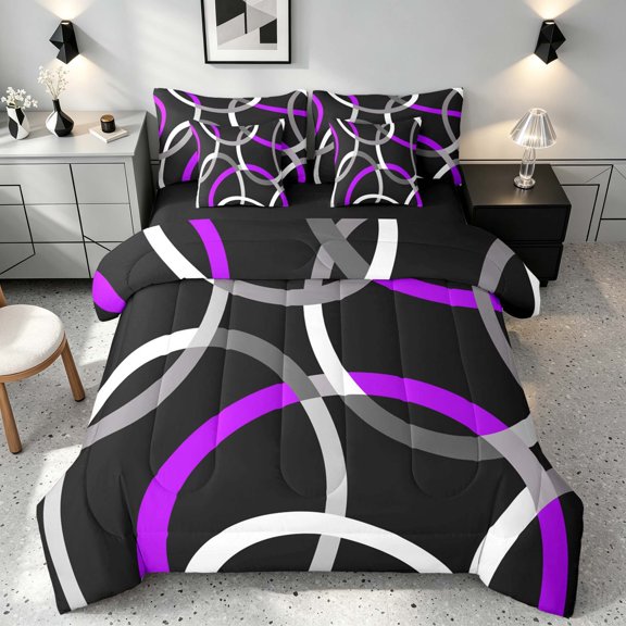 Manfei Black Purple Circle Full Size Bedding Sets,Aesthetic Minimalist Full Size Bed in a Bag, Black Reversible 7pcs