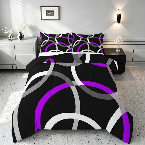 Manfei Black Purple Circle Full Size Comforter Sets,Aesthetic Minimalist Bedding Comforter Set, Black Reversible 3-Piece, 1 Comforter and 2 Pillowcases
