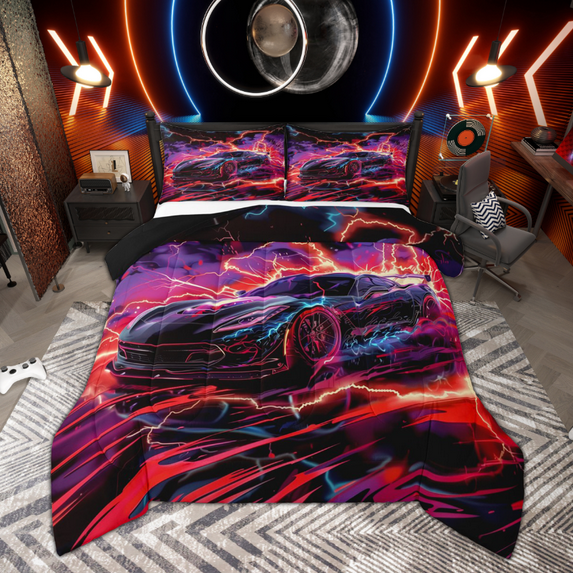 Manfei Black Racing Car Full Size Comforter Sets for Boys, Teen Sports Car Bedding Comforter Set, Neon Red Lightning Bedding Sets, Super Cozy Room Decor, Reversible 3 Pieces