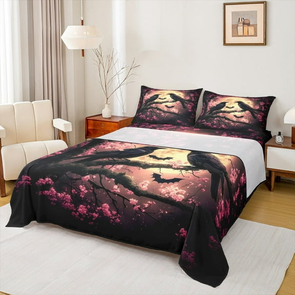 Manfei Black Raven Bat Bed Sheets 4 Pieces, Pink Cherry Blossoms King Sheets, Black Halloween Sheet Set, Breathable Room Decor