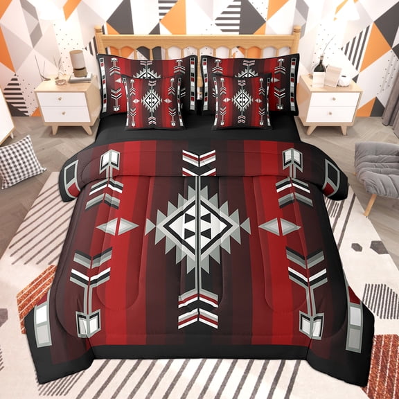 Feelyou Black Red Aztec Twin Bedding Sets 7-Piece, Mandala Bohomian Bedding Comforter Set, Tribal Triangle Geometric Sheet Sets, Super Cozy Room Decor