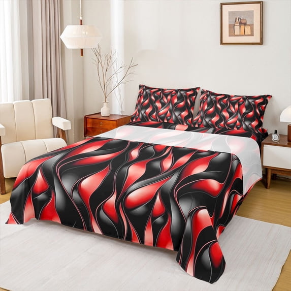 Manfei Black Red Bed Sheets, Gradient Wave Striped Fuul Size Sheets, Black Reversible 4pcs1 Flat Sheet + 1 Fitted Sheet + 2 Pillowcases