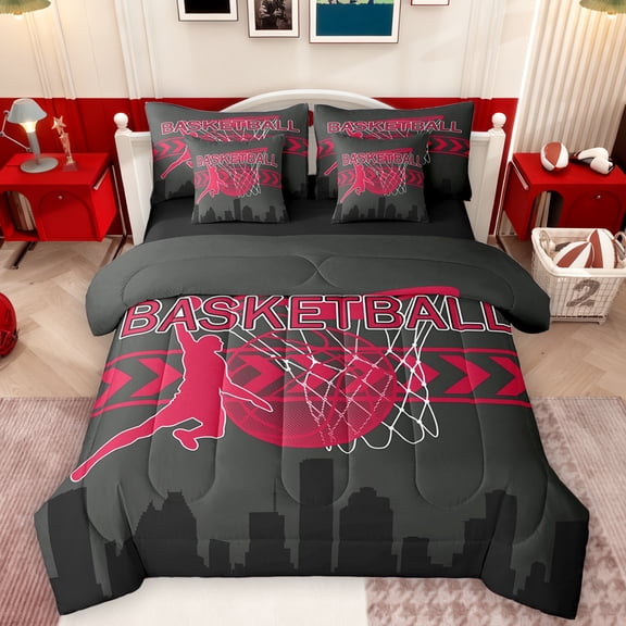 Manfei Black Red Cartoon Sport Bedding Comforter Set 7pcs, Cartoon Basketball Athlete King Bedding Sets, Teens Kids Boys Girls Reversible Bed Sheets, Microfiber Bedroom Decor