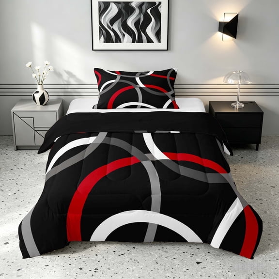 Manfei Black Red Circle Twin Comforter Sets,Aesthetic Minimalist Bedding Set, Black Reversible 2-Piece, 1 Comforter and 1 Pillowcase