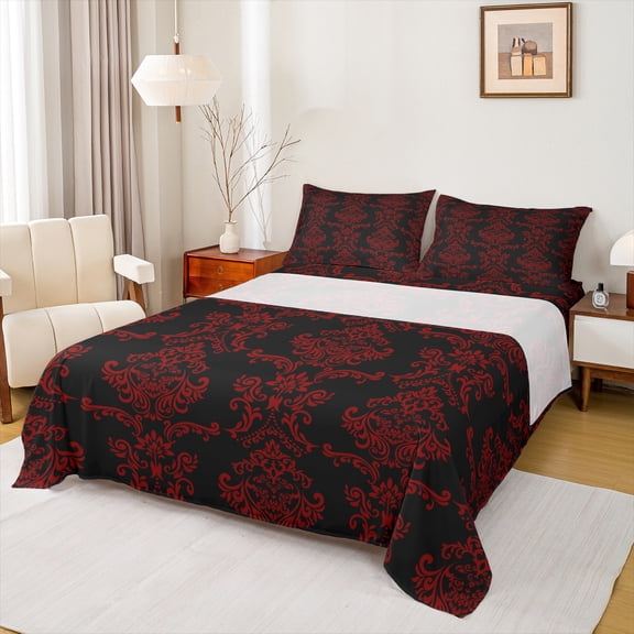 Manfei Black Red Damask Flower Twin Sheet Sets, Tribal Hippie Mandala Twin Fitted Sheet, Teen Adult Female Man Flat Sheet, Lightweight Room Decor, 3pcs