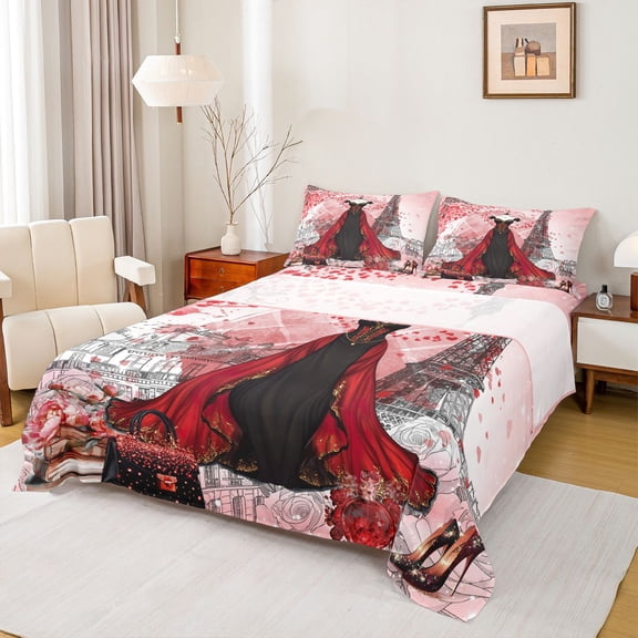 Homewish Black Red Dress Bed Sheets, Romantic Eiffel Tower King Sheets, Watercolor Fashion Sheet Set, Super Cozy Room Decor, 4-Piece