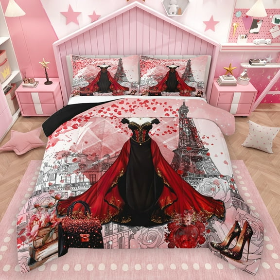 Homewish Black Red Dress Bedding Comforter Set, Romantic Eiffel Tower Twin Comforter Sets, Watercolor Fashion Reversible Bedding Set, Super Cozy Room Decor, 2-Piece