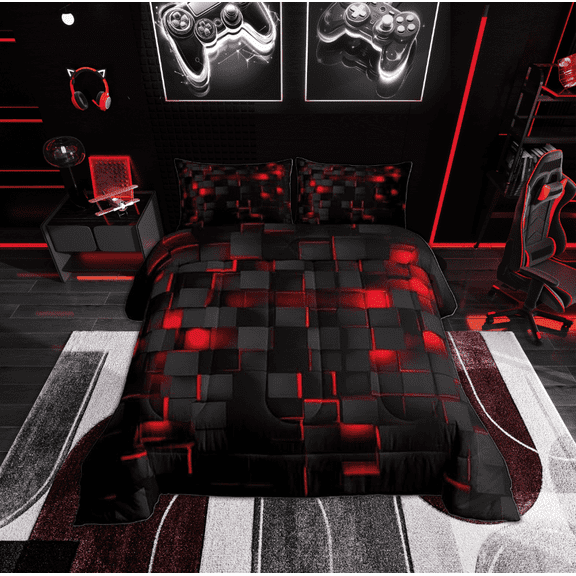 Manfei Black Red Gradient Queen Comforter Set, Stripes Bedding Comforter Set, 3pcs