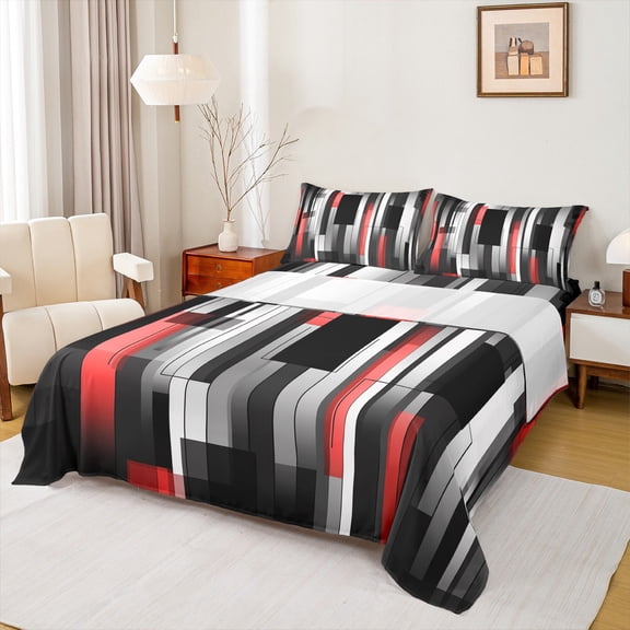 Manfei Black Red Gray Bed Sheets 4pcs, Modern Gradient Stripe King Sheets, Contemporary Geometric Sheet Set, Microfiber Bedroom Decor