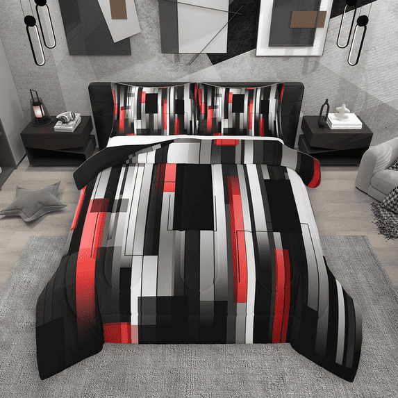 Manfei Black Red Gray Bedding Comforter Set 2pcs, Modern Gradient Stripe Twin Comforter Sets, Contemporary Geometric Bedding Set, Microfiber Bedroom Decor