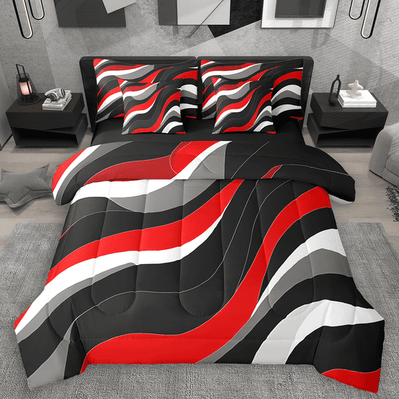 Manfei Black Red Gray Stripes Bedding Comforter Set 7-Piece, Contemporary Abstract Full Bedding Set, Wave Lines Fitted Sheet Flat Sheet, Breathable Home Decor