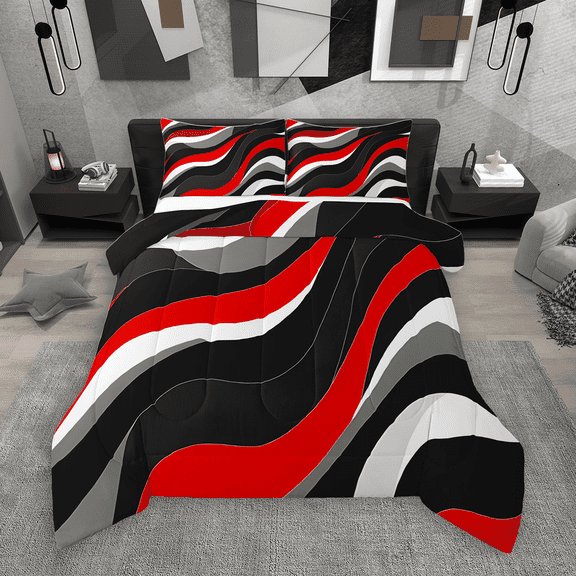 Manfei Black Red Gray Stripes Queen Comforter Set 3 Pieces, Contemporary Abstract Bedding Sets, Wave Lines Bedding Comforter Set, Breathable Home Decor