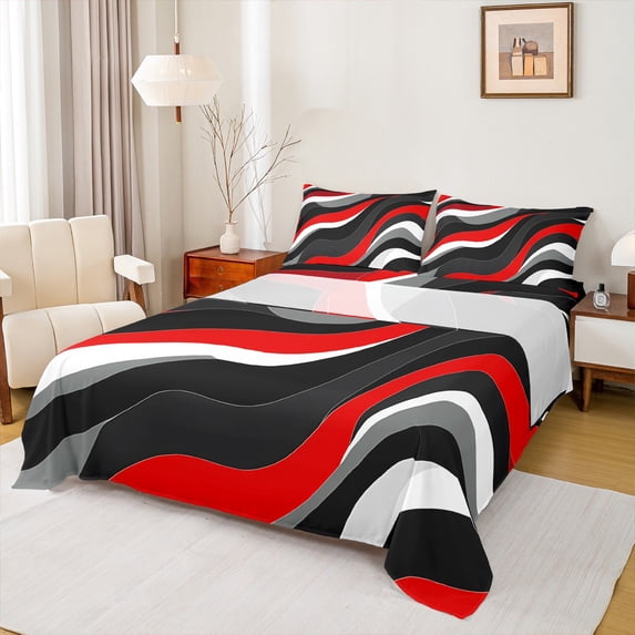 Manfei Black Red Gray Stripes Twin Sheet Sets 3pcs, Contemporary Abstract Twin Fitted Sheet, Wave Lines Flat Sheet, Breathable Home Decor