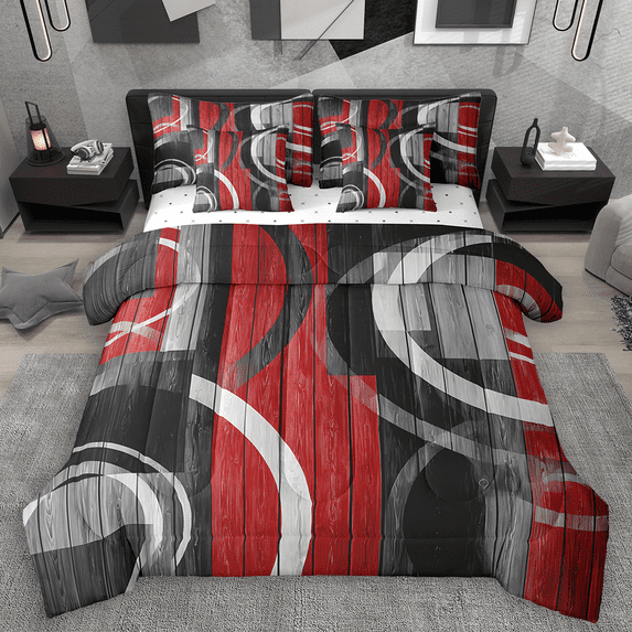 Manfei Black Red Gray Twin Bedding Sets 7pcs, Abstract Stripe Line Bedding Comforter Set, Modern Minimalist Sheet Sets, Super Cozy Room Decor