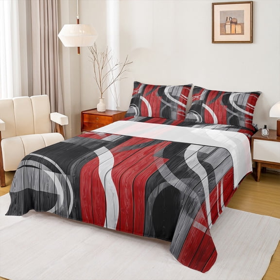 Manfei Black Red Gray Twin Sheet Sets 3pcs, Abstract Stripe Line Twin Fitted Sheet, Modern Minimalist Flat Sheet, Super Cozy Room Decor