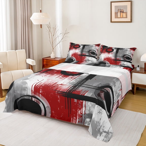 Manfei Black Red Gray Twin Sheet Sets 3pcs, Contemporary Abstract Art Twin Fitted Sheet, Geometric Aesthetic Flat Sheet, Breathable Home Decor