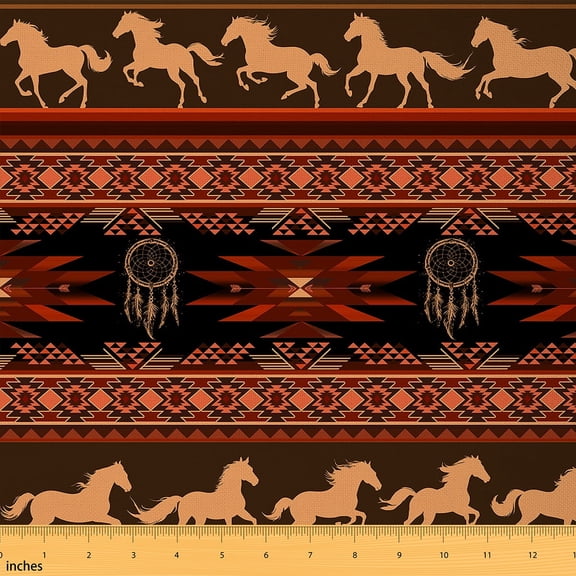 Manfei Black Red Orange Sewing & Crafting Fabric (3 Yards), Dream Catcher Horse Home Decor Fabric by the Yard, Hippie BohoAztec DIY Fabric