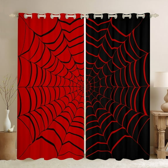 Manfei Black Red Spider Web Black Out Curtains, Gothic Cartoon Curtains Pack of 2 (42x63 Each), Spooky Halloween Theme Bedroom Curtains, Window Curtains Bedroom Decor