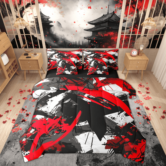 Manfei Black Red Stipes Bedding Sets Queen Size, Abstract Geometric Bed in a Bag Queen size, Teenager Adult Reversible Comforter Sets with Sheets, Lightweight Room Decoration, 7pcs