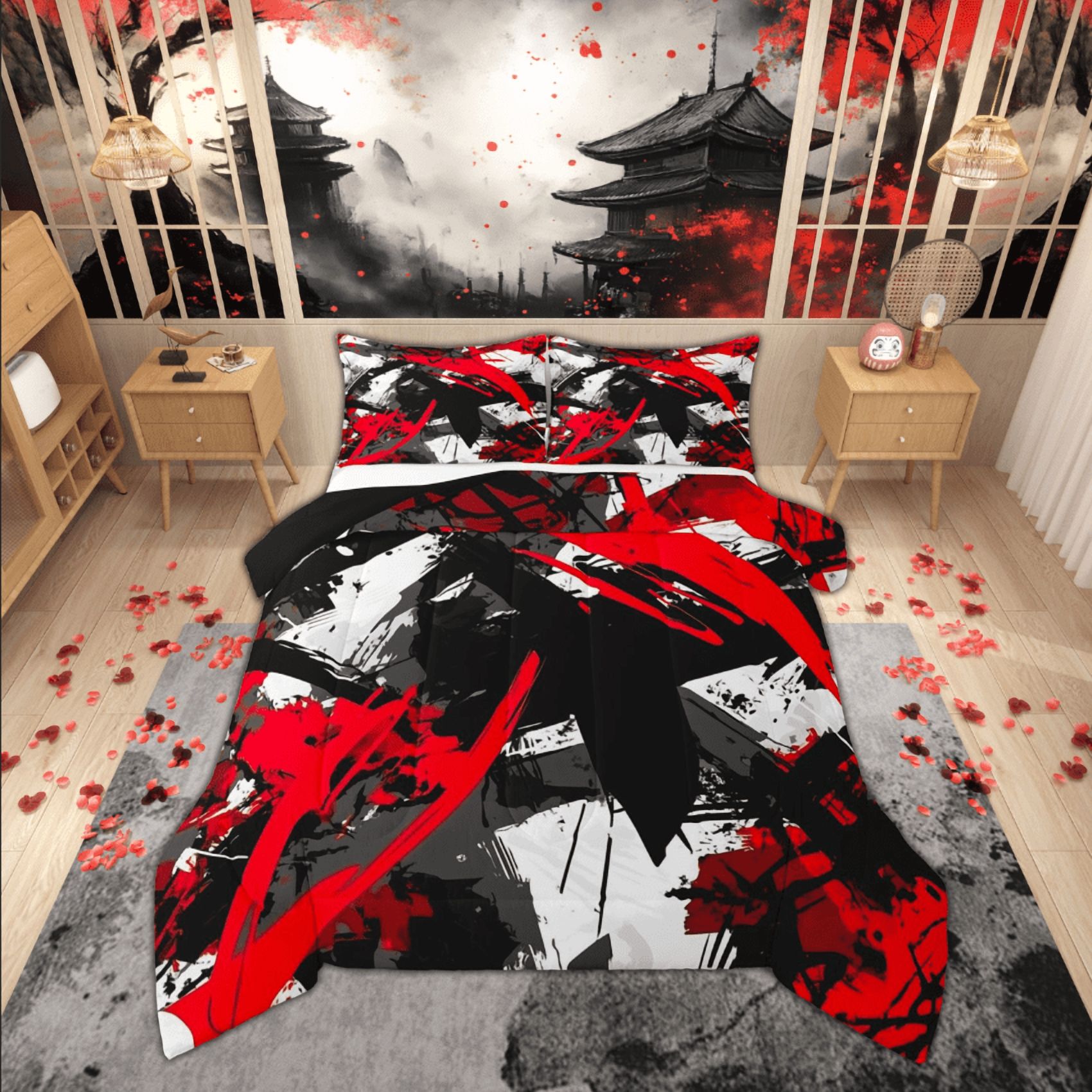 Manfei Black Red Stipes Comforter Sets Queen Size, Abstract Geometric Down Comforter, Teenager Adult Reversible Bedding Queen Comforter Set, Lightweight Room Decoration, 3pcs