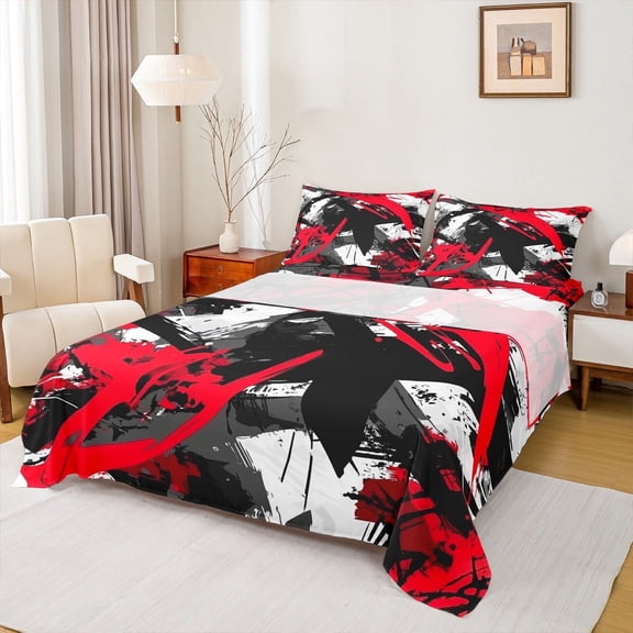 Manfei Black Red Stipes Twin Sheet Sets, Abstract Geometric Bed Sheets Twin, Teenager Adult Bedding Sets Twin Size, Lightweight Room Decoration, 3pcs