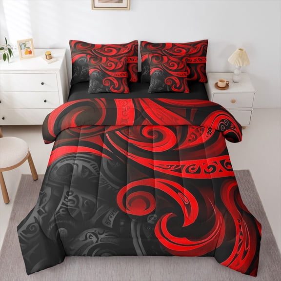 Manfei Black Red Stripes Bedding Comforter Set 7 Pieces for Boys Girls,Abstract Spiral Lines Full Bedding Set Lightweight,Vintage Aesthetic Fitted Sheet Flat Sheet,Luxury Bedroom Decor,Reversible