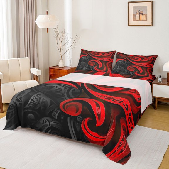 Manfei 3-Piece Twin Sheet Set - Black Red Stripes Abstract Spiral