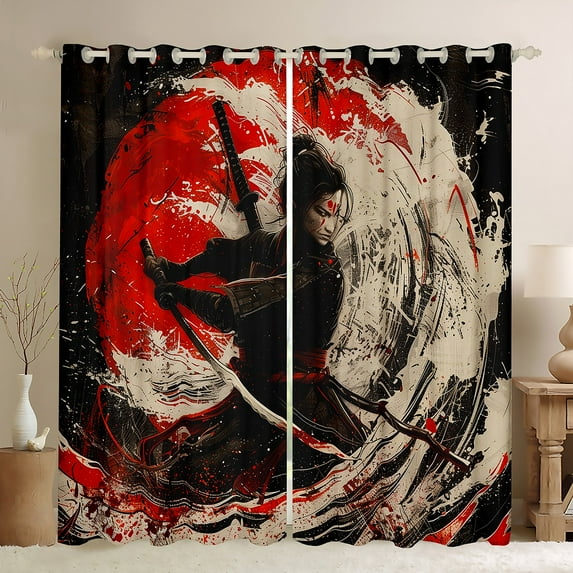 Manfei Black Red Women Worrior Black Out Curtains, Japanese Samurai Curtains Pack of 2 (42x63 Each), Tokyo Abstract Style Bedroom Curtains, Curtains and Drapes Decor