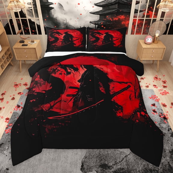 Manfei Black Red Worrior Queen Comforter Set for Boys, Japanese Samurai Bedding Sets, Tokyo Scenery Silhouette Reversible Bedding Comforter Set, Microfiber Bedroom Decor, 3-Piece
