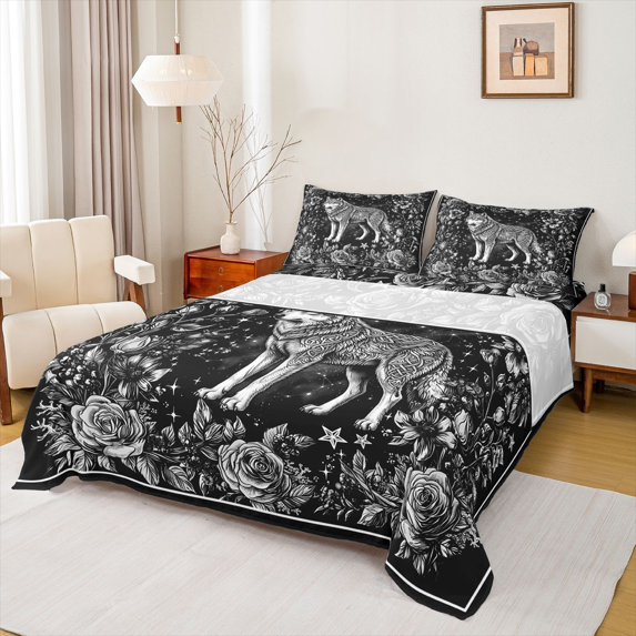 Manfei Black Rose Floral Queen Sheets,Gray Wolf Pattern Queen Sheet Sets,4-Piece,1 Flat Sheet, 1 Fitted Sheet and 2 Pillowcases