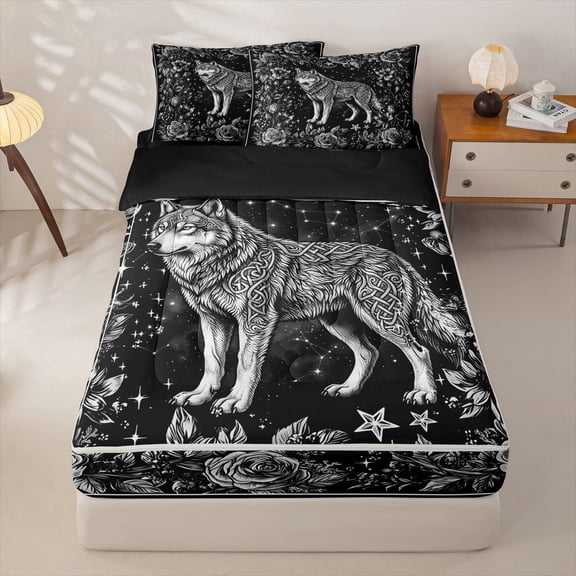Manfei Black Rose Floral Zipper Twin Comforter Sets with Fitted Sheet and 2 Pillowcases,Gray Wolf Pattern Zipper Bedding Set,Black Reversible,4pcs