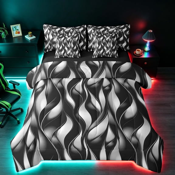 Manfei Black Silver Twin Bedding, Gradient Wave Striped Bedding Comforter Set, Black Reversible 7 Pieces