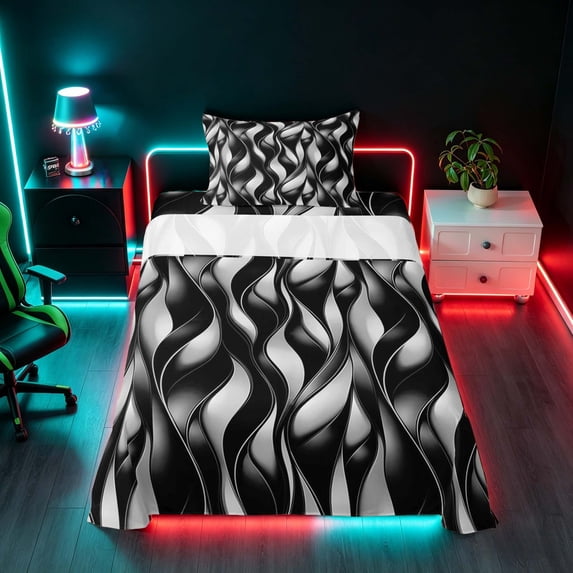 Manfei Black Silver Twin Sheets, Gradient Wave Striped Bedding, Black Reversible 3pcs1 Flat Sheet + 1 Fitted Sheet + 1 Pillowcase