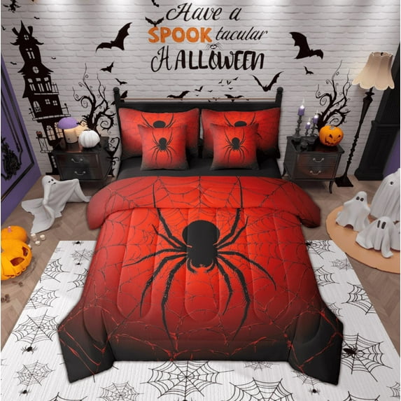 Manfei Black Spider 7-Piece Twin Bedding Sets,Lids Halloween Theme Bedding Comforter Set,Spider Webs Sheet Sets For Teens,Super Cozy Room Decor Reversible
