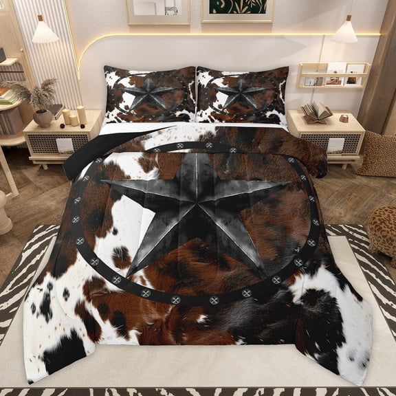 Manfei Black Texas Stars 3 Pieces Queen Comforter Set for Teens Children Kids,Retro Cattle Print Ultra Soft Bedding Sets,Vintage Western Theme Bedding Comforter Set,Microfiber Bedroom Decor