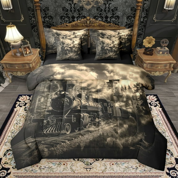 Manfei Black Train 7-Piece Bedding Comforter Set,Construction Vehicles King Bedding Sets,Beige Black Bed Sheets For Kids,Microfiber Bedroom Decor Reversible