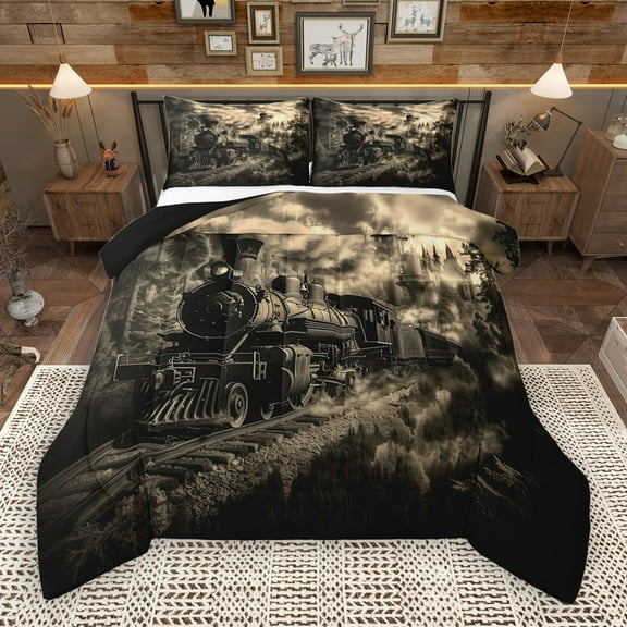 Manfei Black Train Bedding Comforter Set,Construction Vehicles Twin Comforter Sets,Beige Black Bedding Set For Kids,Microfiber Bedroom Decor Reversible,2 Pieces