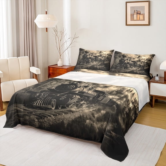 Manfei Black Train Twin Sheet Sets,Construction Vehicles Twin Fitted Sheet,Beige Black Flat Sheet For Kids,Microfiber Bedroom Decor,3 Pieces