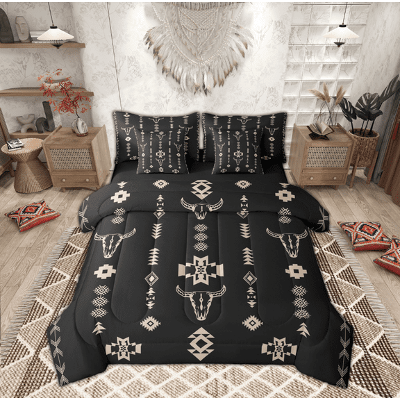 Manfei Black Western Aztec Bedding Comforter Set 7-Piece, Tribal Bohemian King Bedding Sets, Hippie Triangle Geometric Reversible Bed Sheets, Microfiber Bedroom Decor