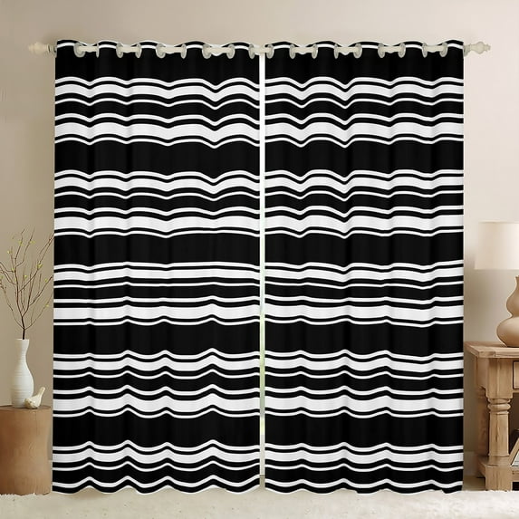 Manfei Black White Black Out Curtains, Geometric Stripe Curtains Pack of 2 (42x63 Each), Modern Minimalsit Bedroom Curtains, Luxury Room Decor