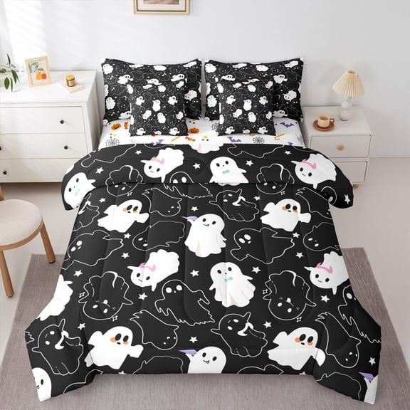Manfei Black White Bow Ghost Bedding Comforter Set 7-Piece, Cartoon Stars Print King Bedding Sets, Teens Boys Girls Kids Reversible Bed Sheets, Luxury Bedroom Decor