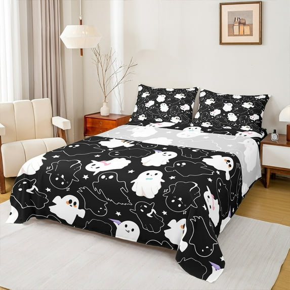 Manfei Black White Bow Ghost Twin Sheet Sets, Cartoon Stars Print Twin Fitted Sheet, Teens Boys Girls Kids Flat Sheet, Luxury Bedroom Decor, 3 Pieces
