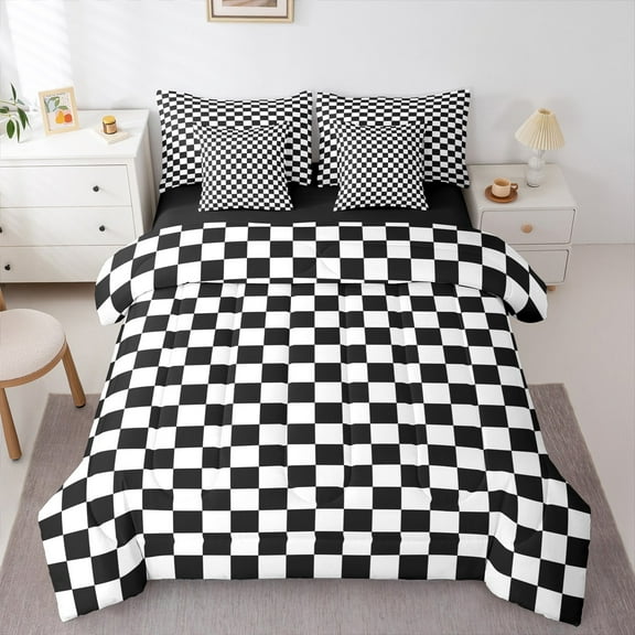Manfei Black White Checkered Bedding Comforter Set 7-Piece, Modern Buffalo Plaid King Bedding Sets, Abstract Geometric Reversible Bed Sheets, Ultra Soft Home Decor