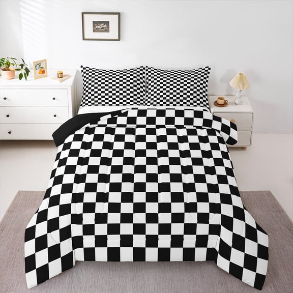 Manfei Black White Checkered Queen Comforter Set, Modern Buffalo Plaid Bedding Sets, Abstract Geometric Reversible Bedding Comforter Set, Ultra Soft Home Decor, 3 Pieces