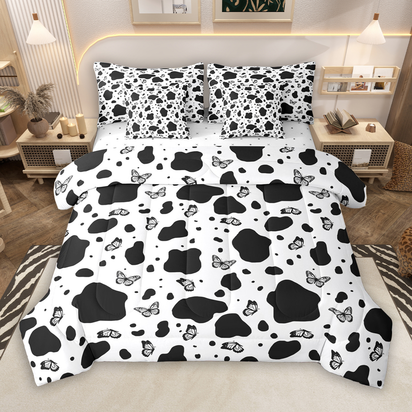 Manfei Black White Cow Print 7-Piece Twin Bedding Sets, Kawaii Cartoon ...