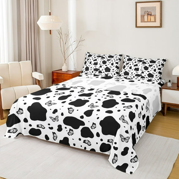 Manfei Black White Cow Print Queen Sheet Sets, Kawaii Cartoon Butterfly Flat Sheet, Kawaii Cute Animal Queen Fitted Sheet, Lightweight Room Decor, 4pcs
