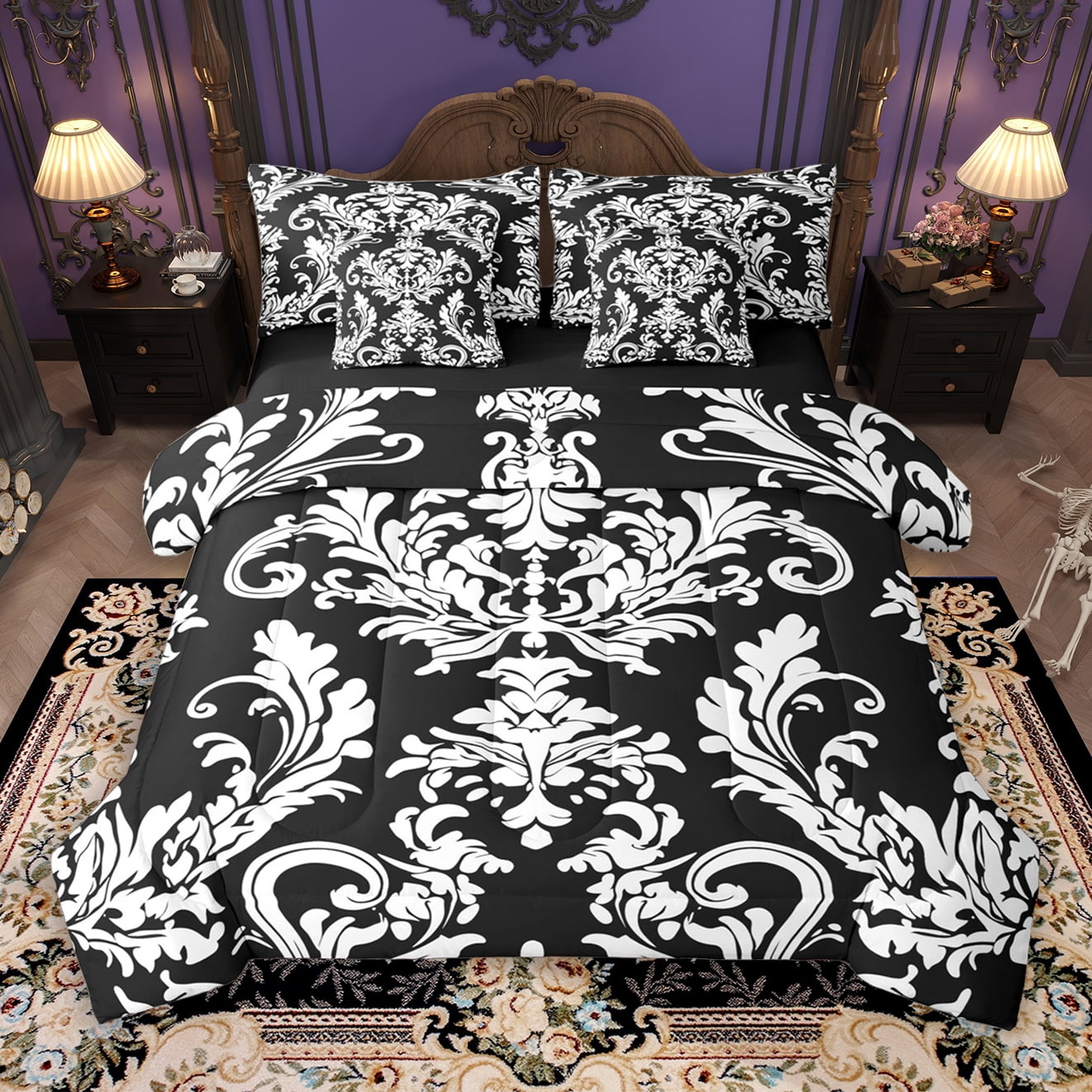Manfei Black White Damask 7-Piece Twin Bedding Sets for Adult, Bohemian ...